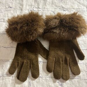 VINTAGE MADE IN KOREA ACRYLIC SPANDEX BLEND FAUX FUR BROWN WOMEN’S GLOVES M/L